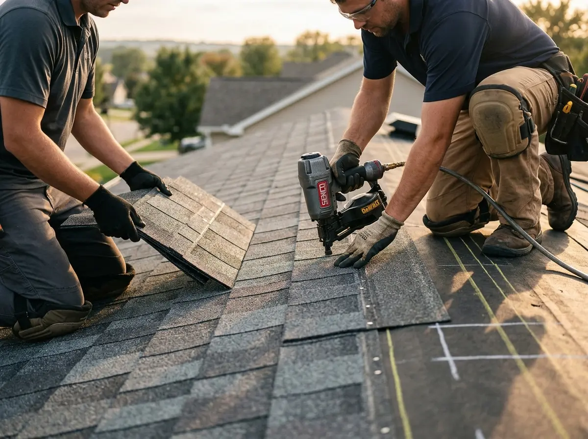 Professional roofer working on a residential roof in Groesbeck